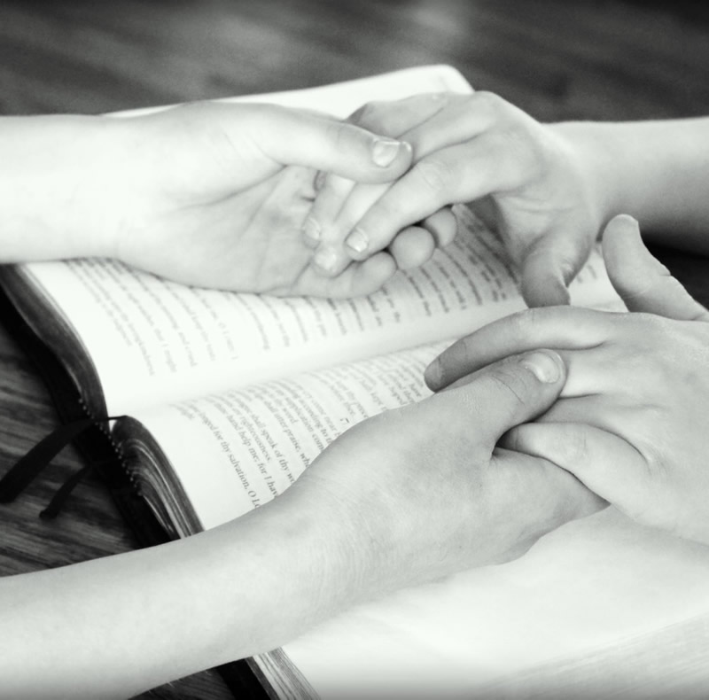 Immagine delle mani di due persone che si stringono, confortandosi, su di un libro aperto